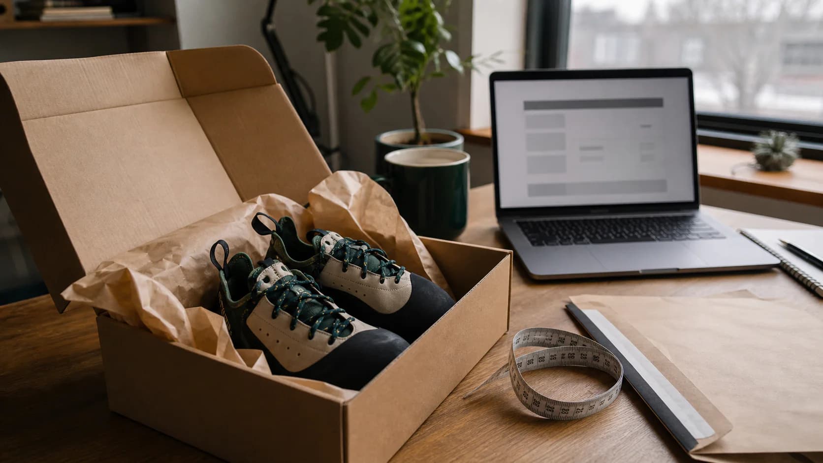 New unbranded climbing shoes sit in an open shipping box beside a laptop, measuring tape, and return envelope on a home desk.