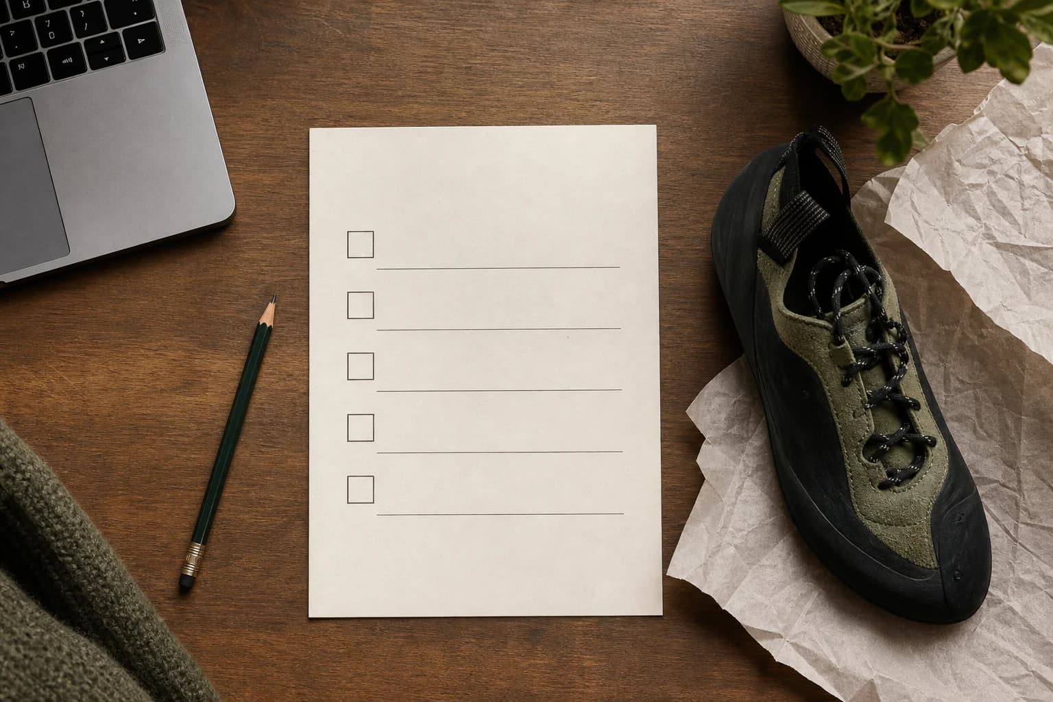 Top-down view of a blank five-row checkbox worksheet, pencil, laptop edge, and olive climbing shoe on a wooden desk.