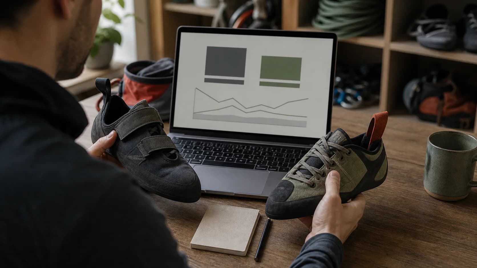 A shopper holds two different unbranded climbing shoes while comparing an abstract chart on a laptop at a wooden desk.