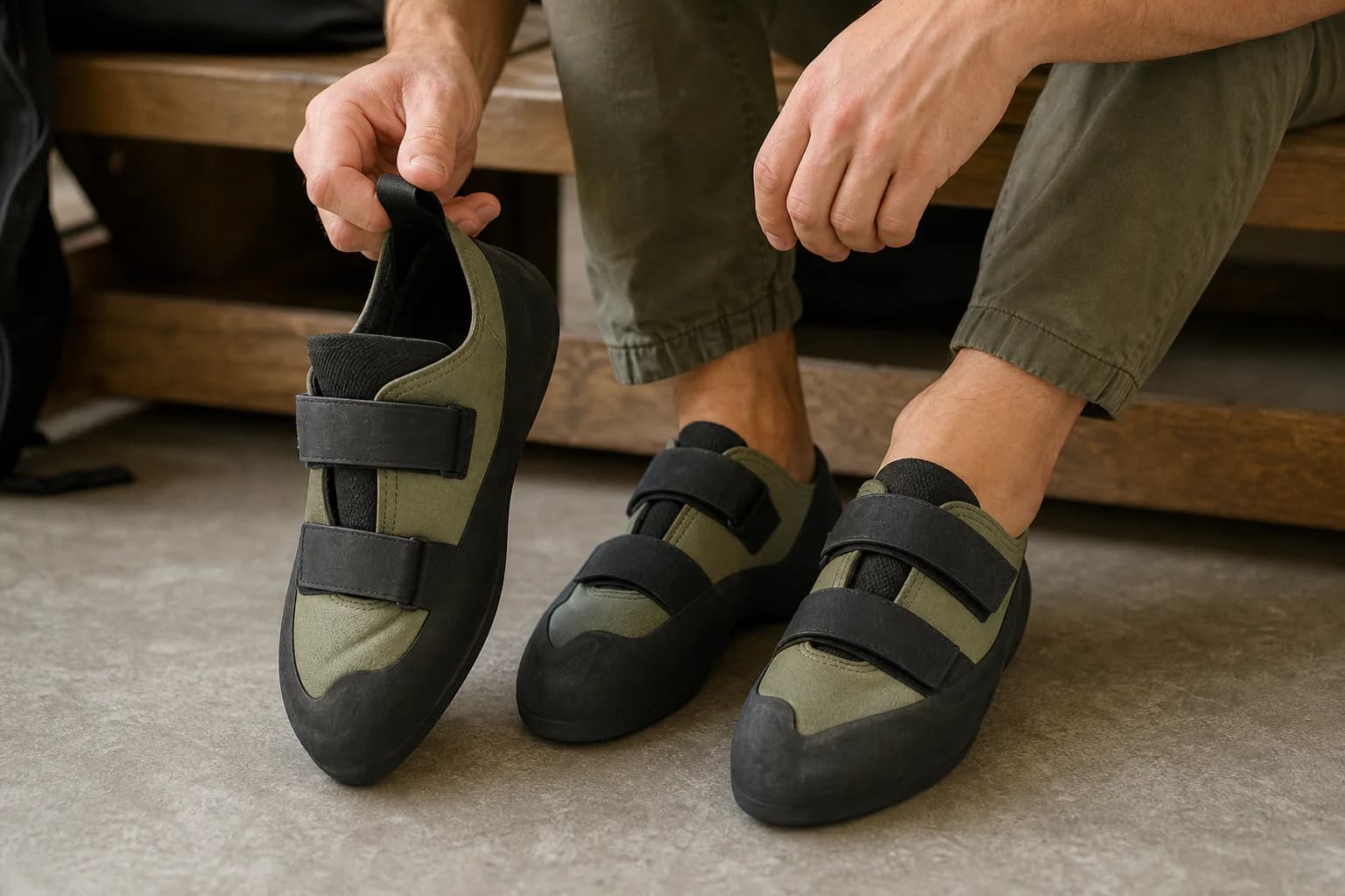 A seated climber wears olive climbing shoes and holds a matching shoe beside them while comparing fit.