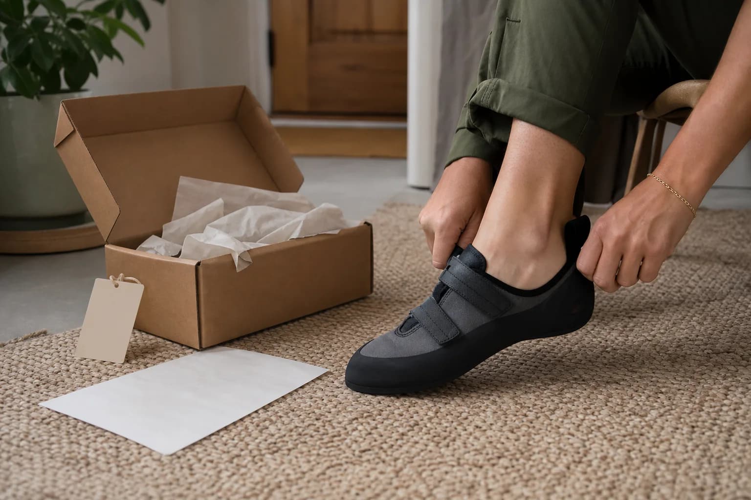 A shopper tries a black climbing shoe on a clean woven rug beside its open box, blank hangtag, tissue paper, and packing slip.