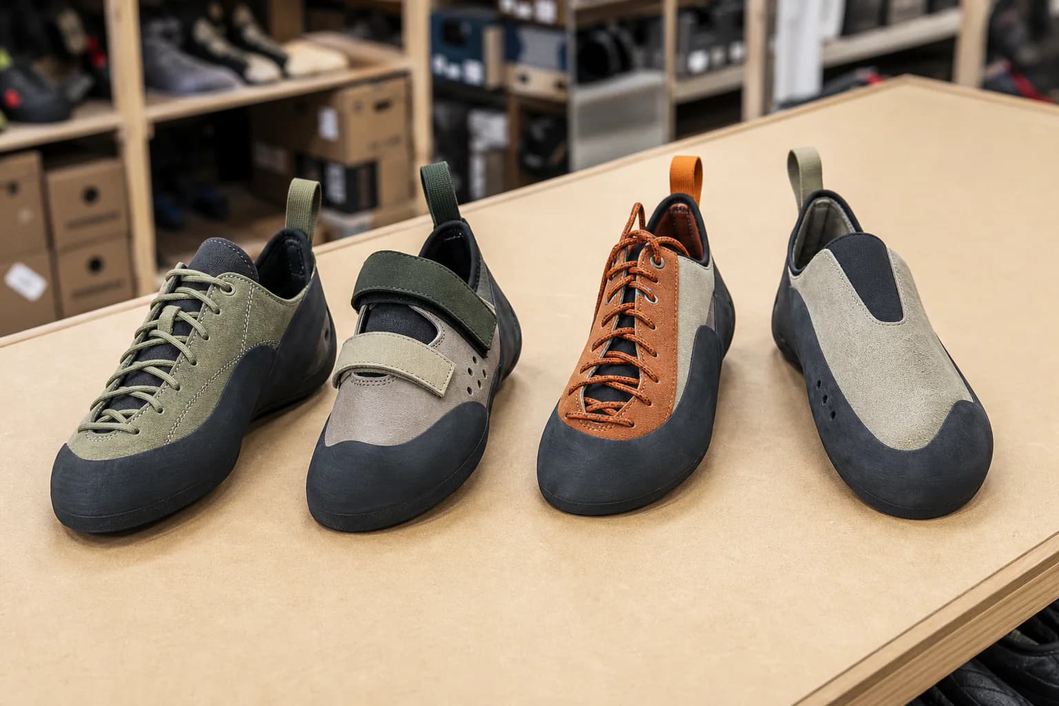 Four related but visibly different unbranded climbing shoes with lace, strap, and slipper closures line a retailer packing table.