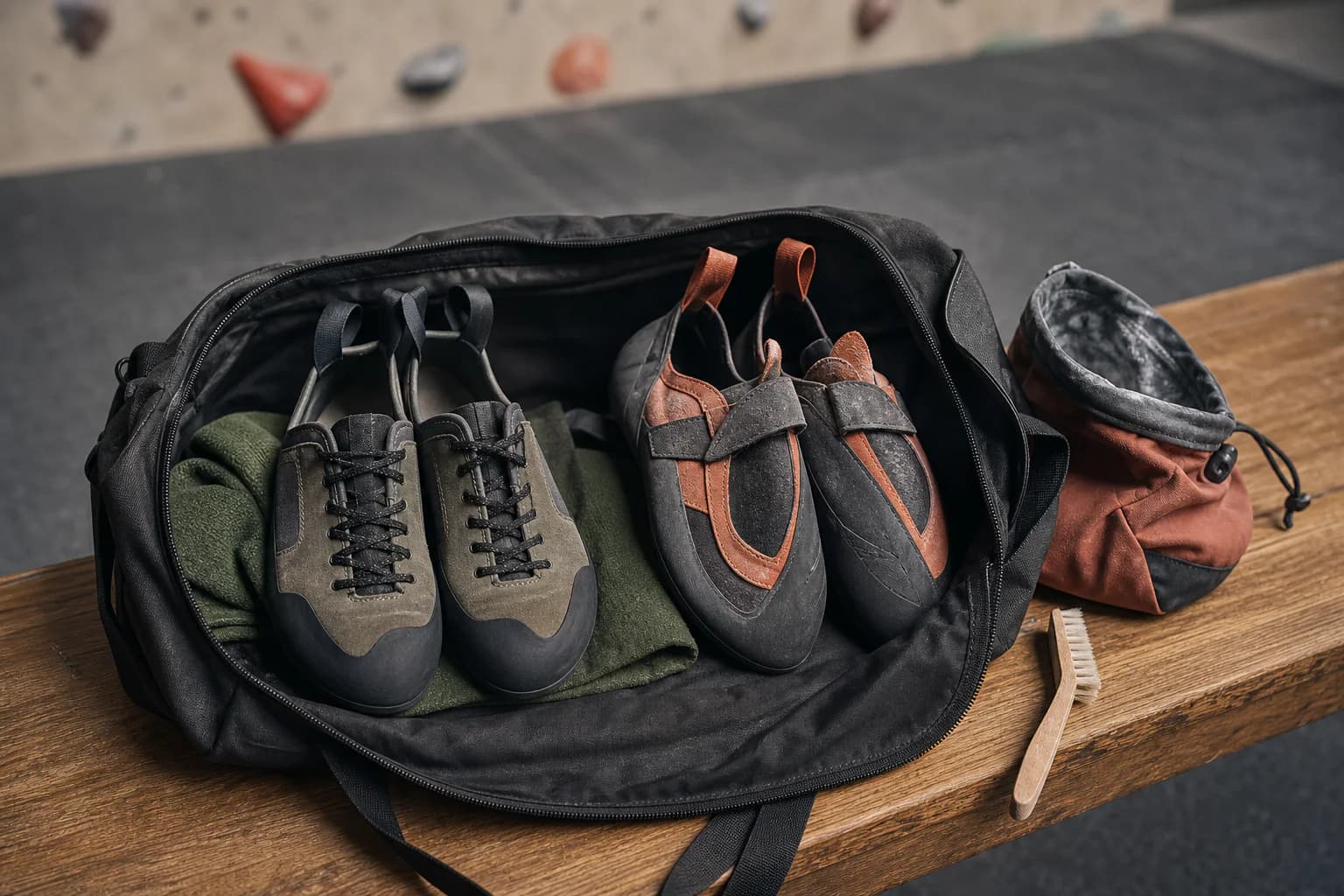 An open gym bag holds a flat lace-up pair and a more pointed strap-closure pair of climbing shoes beside a chalk bag and brush.