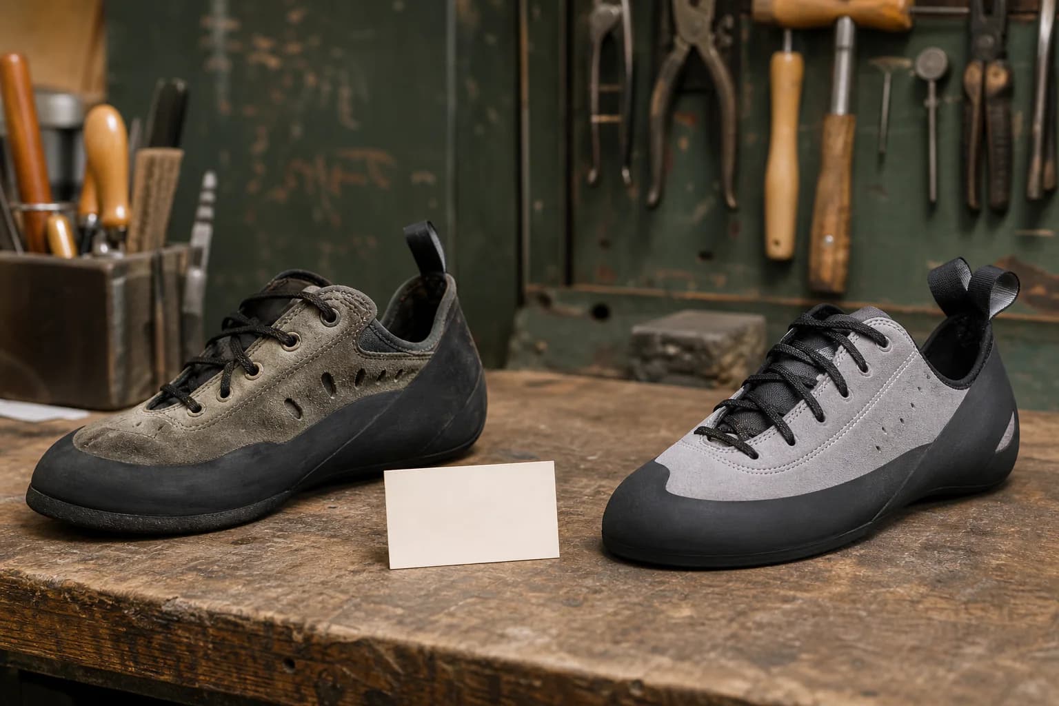 A worn-in resoled olive climbing shoe and a clean new gray shoe sit on a repair bench with a blank estimate card between them.
