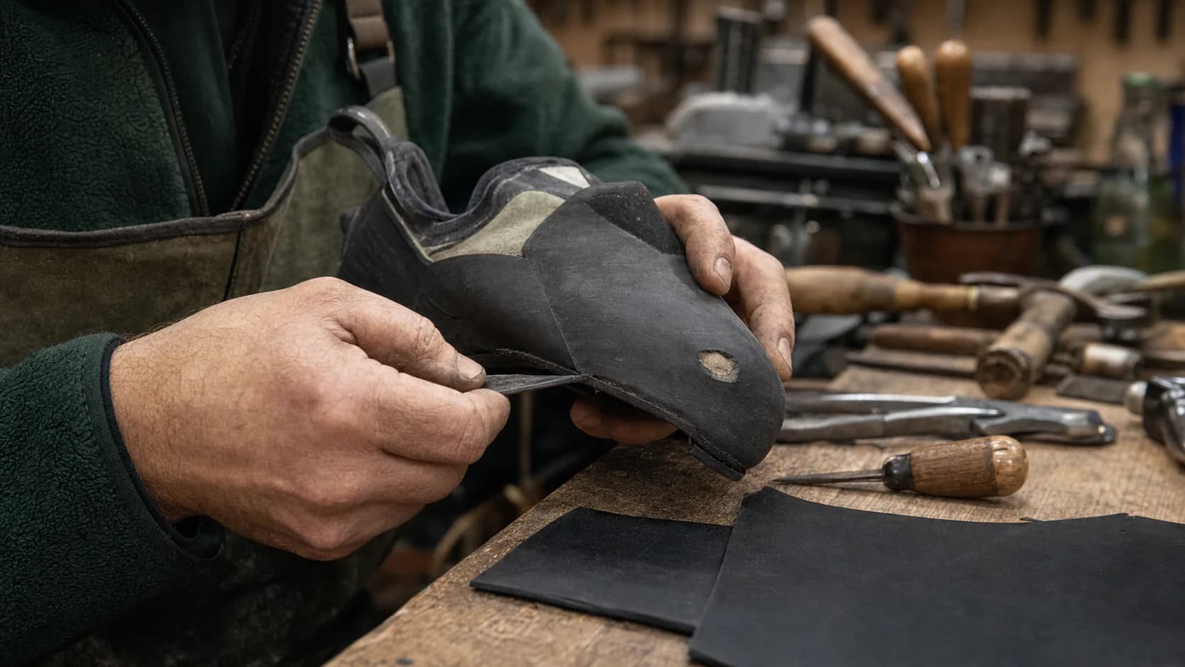 A climbing-shoe repairer peels the worn sole from a black shoe with a hole at the toe while replacement rubber and hand tools sit on the bench.